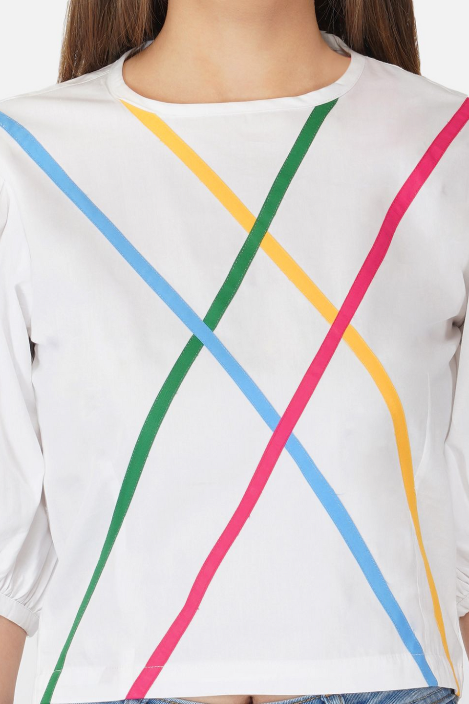 White puffed sleeves top with multicolour stripes