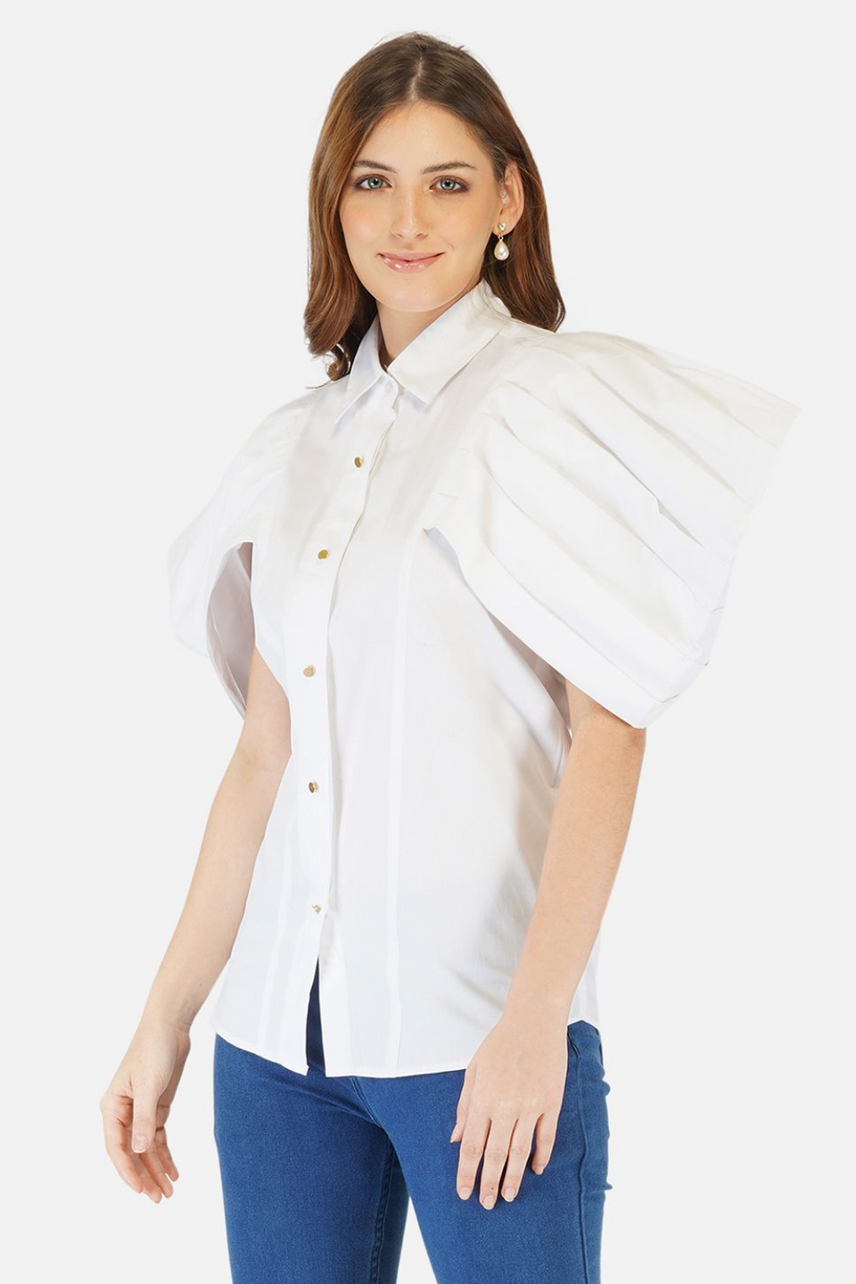 White shirt with pleated cape sleeves